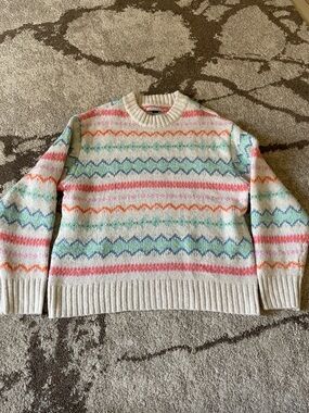 American eagle Crewneck Women's Sweater in Cream with Pastel Stripe Pattern